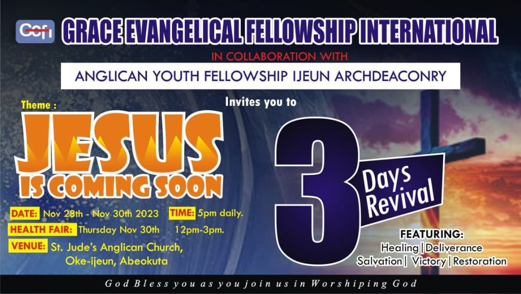 GEFI flyer for Jesus is Coming Soon revival, November 2023, with cross silhouette and event details at St. Jude's Anglican Church.