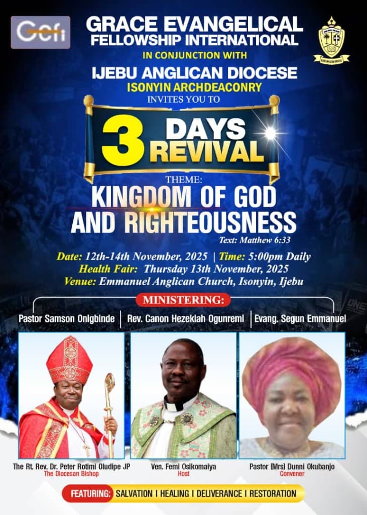 GEFI flyer for Kingdom of God and Righteousness revival with Ijebu Anglican Diocese, November 2025, featuring hosts and convener portraits.