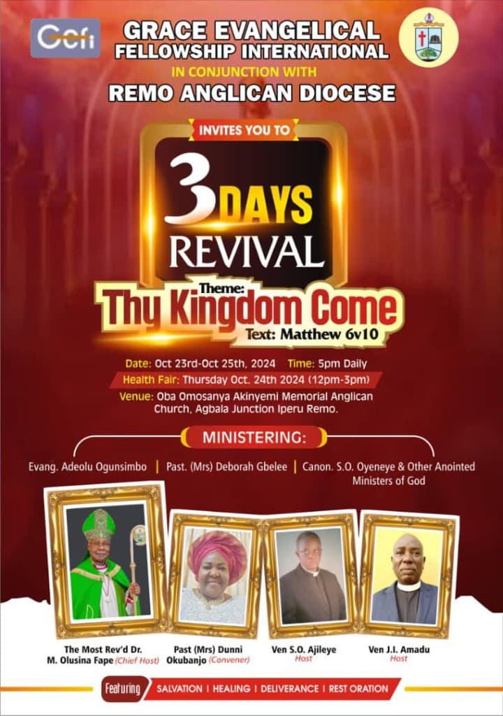 GEFI flyer for Thy Kingdom Come revival with Remo Anglican Diocese, October 2024, gold and red design with minister portraits.