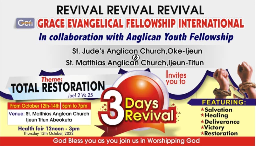 GEFI flyer for Total Restoration revival, October 2022, Joel 2 theme with St. Matthias Anglican Church venue.